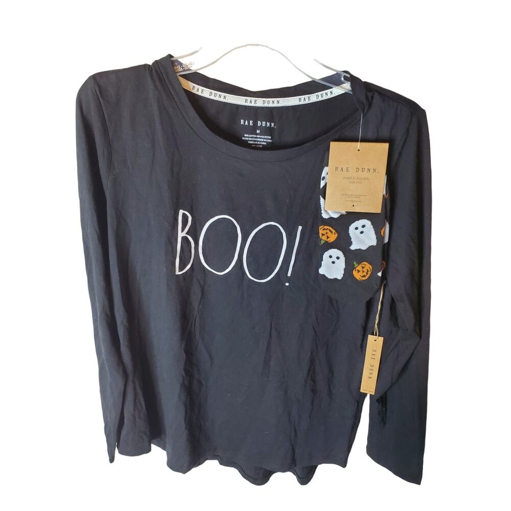 Rae Dunn "BOO" Halloween Long Sleeve Tee with Ankle Socks, NWT, Medium